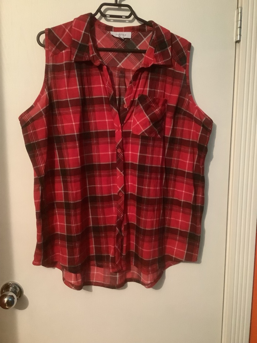 Sleeveless Red Plaid Button-Front Tank Top
